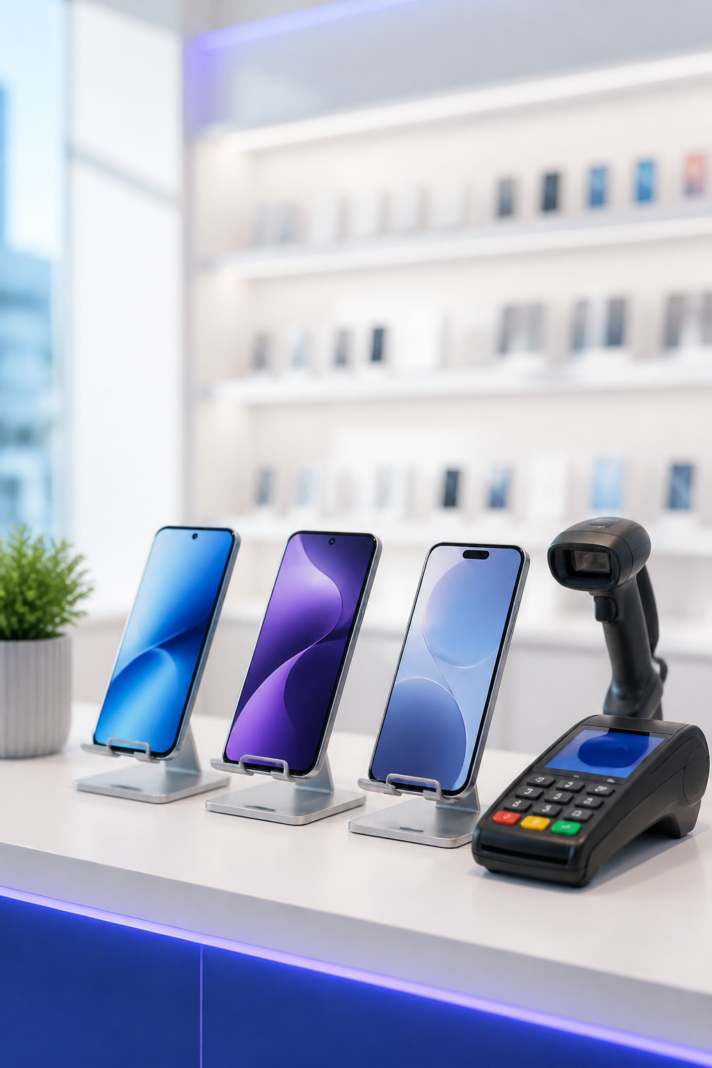Modern mobile retail counter with phones, scanner and payment terminal